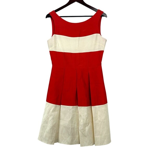 Kate Spade Gayle Fit and Flare Dress Red Cream Size 8 Sleeveless Silk Pleated E4 - Picture 2 of 12